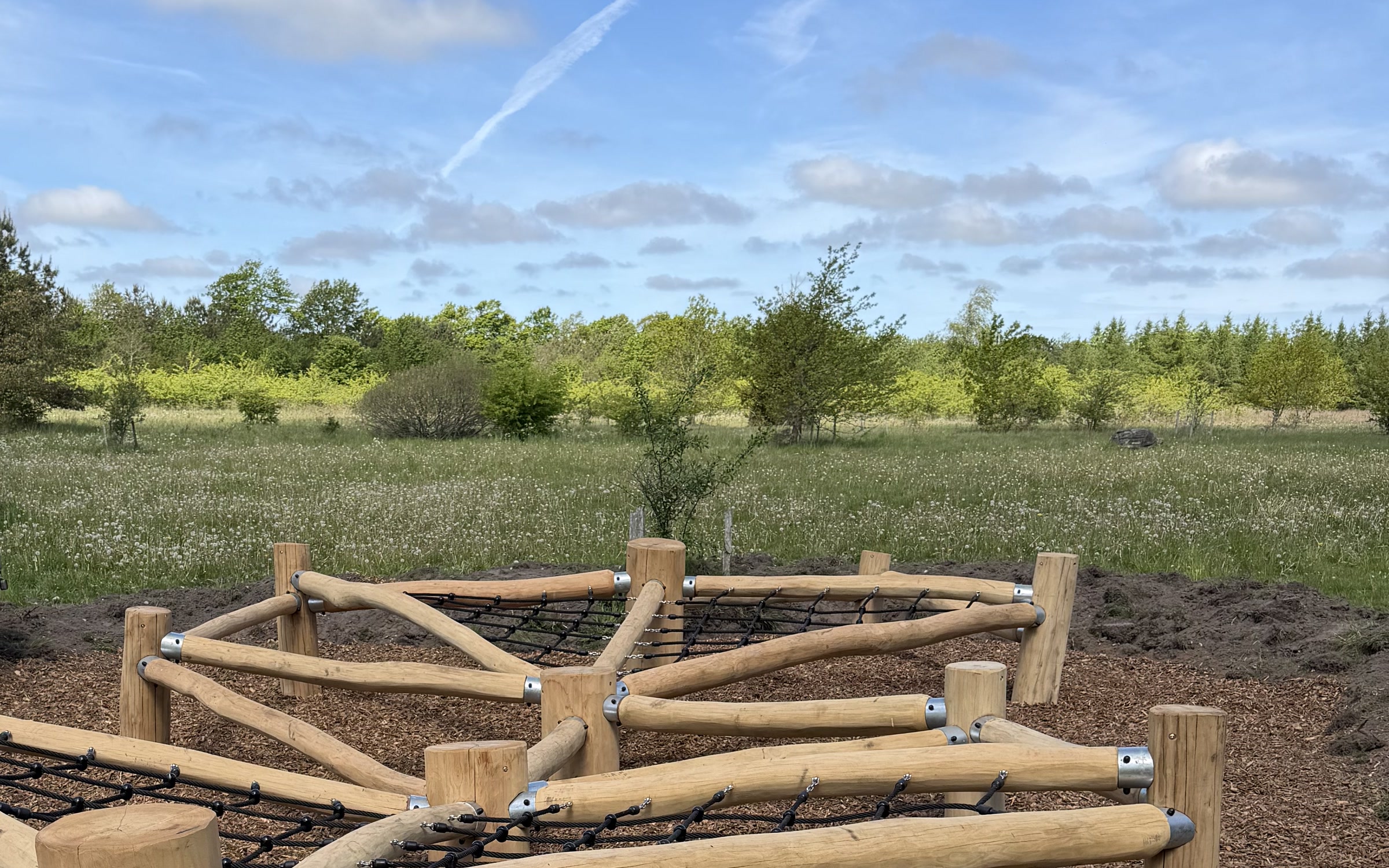 Naturlegeplads i robinie med klatrenet i Aaby Skoven, omgivet af eng og skov under blå himmel