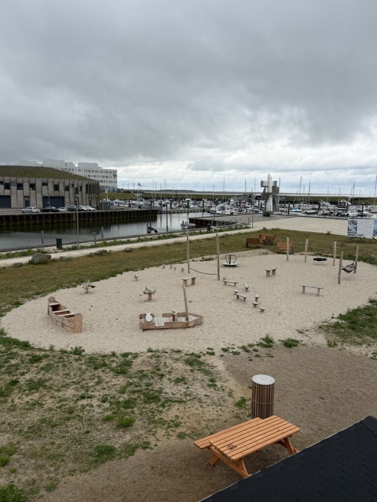Legeområdet på sand ved Esbjerg Strand set oppefra med havnen i baggrunden